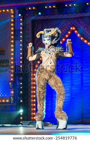 CANARY ISLAND, SPAIN - FEBRUARY 20, 2015: Bang Drag with a greek myth and legend costume from designer Isidro Javier Perez Mateo performing onstage during city of Las Palmas carnival Drag Queen Gala.