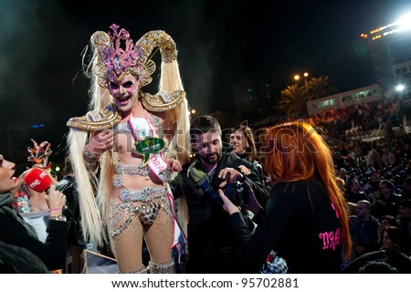 LAS PALMAS; SPAIN -FEBRUARY 17: 1st winner Drag Queen Kuki; Antonio Ceballos Ortega(l); from Canary Islands; during The Carnival\'s Drag Queen Gala on February 17; 2012 in Las Palmas; Spain