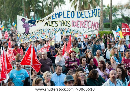 LAS PALMAS, SPAIN - MARCH 29: Unidentified workers protesting against new labor reforms and austerity cuts, during the Spanish general strike 29-M on March 29, 2012 in Las Palmas, Spain