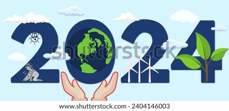 Sustainable development concept, 2024 typography with green energy and sustainable development icon. 