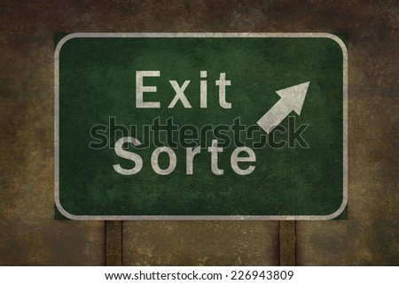 Exit Sorte bilingual roadside sign illustration, with distressed ominous background