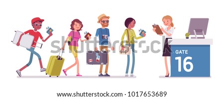 Air flight check queue. Airport check-in passengers standing in line before travel, airline agent checking ticket documents at gate. Vector flat style cartoon illustration isolated on white background