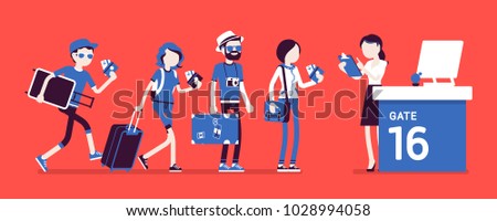 Air flight check queue. Airport check-in passengers standing in line before travel, airline agent checking ticket documents at gate. Vector illustration with faceless characters