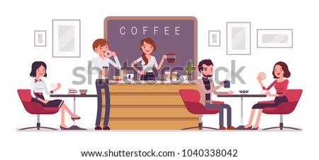 Cafe shop and people relaxing. Modern place interior to meet, drink and eat, chat, have a rest, enjoy free time, barista girl makes and serves coffee for public. Vector flat style cartoon illustration