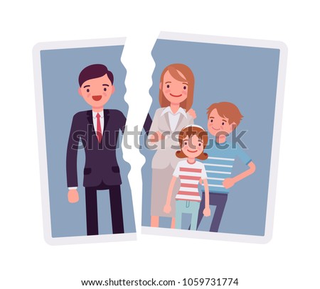 Family breakup problem. A photo with rift between people, serious quarrel or spouse disagreement to end with divorce, split, loss of good relationship and love. Vector flat style cartoon illustration