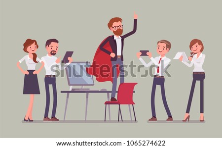 Office hero admired by colleagues for courage, outstanding business achievements, extraordinary sale, market powers, ideal manager in superhero cloak boasting. Vector flat style cartoon illustration