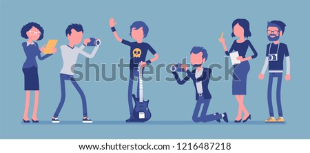 Famous rockstar and journalists. Young celebrated male pop musician, a singer with guitar, newspaper or magazine men photographing him, gathering news. Vector illustration with faceless characters