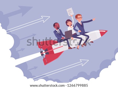 Business team go high to success on a rocket. Leaders moving company to the top, profitable strategy developing in right direction. Business motivation concept. Vector flat style cartoon illustration