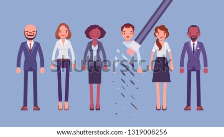 Person rubbed out and removed with eraser. Man obliterated from group of diverse people, moved from business team or blocked in friends chat service, forbidden contacts by public. Vector illustration