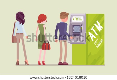 People standing in ATM line. Queue near automated teller machine, waiting for banking services, electronic outlet, customers complete basic transactions using contemporary gadget. Vector illustration