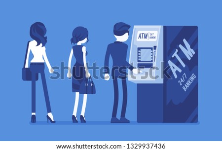 People standing in ATM line. Queue near automated teller machine, waiting for banking services, electronic outlet, customers complete basic transactions. Vector illustration, faceless characters