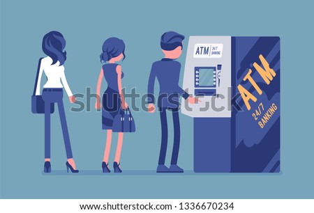 People standing in ATM line. Queue near automated teller machine, waiting for banking services, electronic outlet, customers complete basic transactions. Vector illustration, faceless characters