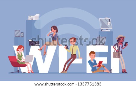 Wi fi giant letters and people. Group of happy diverse men enjoy free area for computers, smartphones, devices connection to the Internet, communicate with one another wirelessly. Vector illustration