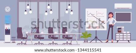 Meeting room in a business center office and female manager. Modern conference hall, preparation for formal event, corporate consultation or employee discussion. Vector flat style cartoon illustration