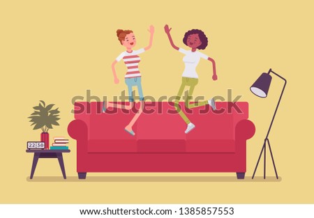 Roommate friends enjoy living together. Happy young girls occupying same flat, house or room, students share rented apartment, jumping on a coach in hostel, comfortable lodging. Vector illustration