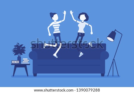 Roommate friends enjoy living together. Happy young girls occupying same flat, house or room, students share rented apartment, jumping on a coach in hostel. Vector illustration, faceless characters