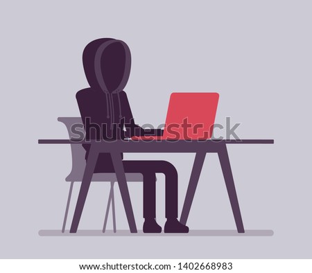 Anonymous man with hidden face at laptop. Hacker dark abstract body, covered with hood, online person not identified by name, unknown faceless user, incognito with evil intentions. Vector illustration