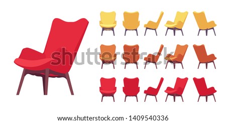 Retro armchair set. Soft upholstery chair, comfortable seat, lobby, lounge room, living, bedroom furniture. Vector flat style cartoon illustration isolated on white background, different views, color