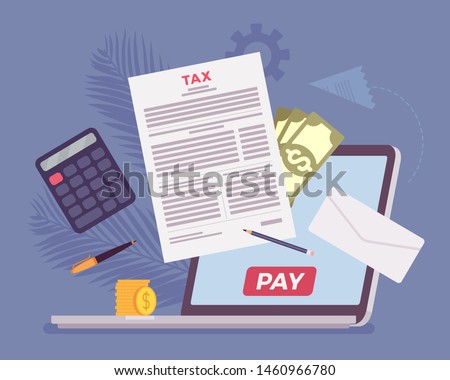 Online tax payment via laptop. Direct service for taxpayer with net-banking account, financial technology and business option for income calculation to simplify. Vector flat style cartoon illustration