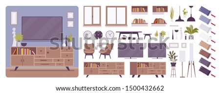 TV cabinet interior and television room design creation set, decor ideas, lounge furniture kit, constructor element to build your own design. Cartoon flat style infographic illustration, color palette