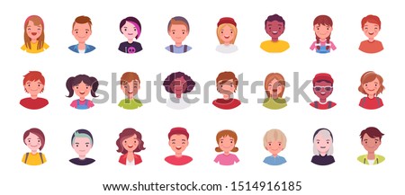 Teens and kids avatar big bundle set. Cute children, boys and girls faces, user pic icons for online game, chatroom representation. Vector flat style cartoon illustration isolated on white background