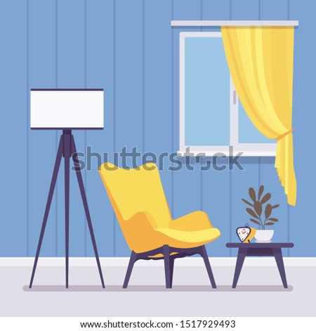 Living room creative interior. Tripod floor lamp in contemporary yellow and blue color design, elegant spark ideas for own home and small office. Vector flat style cartoon illustration