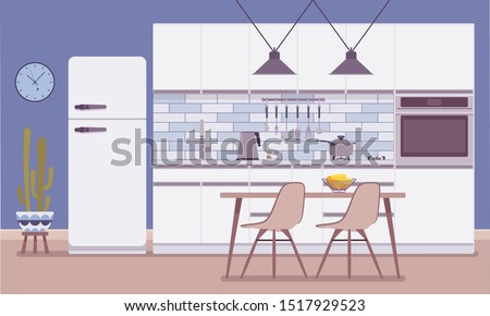 Kitchen room interior and design. Functional zone with sink, stove and fridge, dining area and small breakfast nook for morning coffee. Vector flat style cartoon illustration