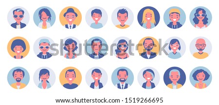 People avatar big bundle set. User pic, different human face icons for representing person in a video game, Internet forum, account. Vector flat style cartoon illustration isolated on white background