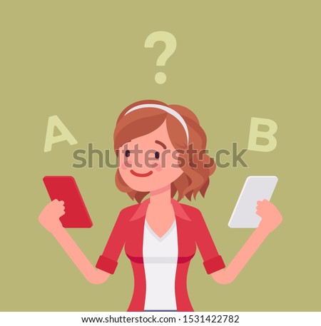 Smartphone comparison for a girl. Young lady choosing between two smart phones, rankings product features, looking for differences, design view, brand and price. Vector flat style cartoon illustration ストックフォト © 