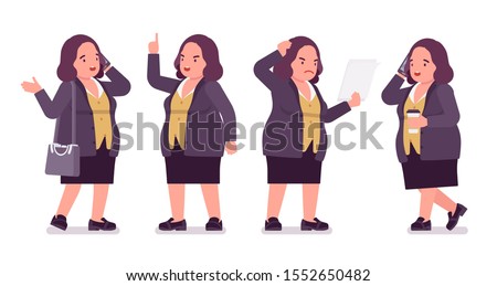 Chubby woman on business work. Overweight middle aged lady, kind civil service worker. Curvy, voluptuous body type, big women fashion, plus size formal wear. Vector flat style cartoon illustration 商業照片 © 