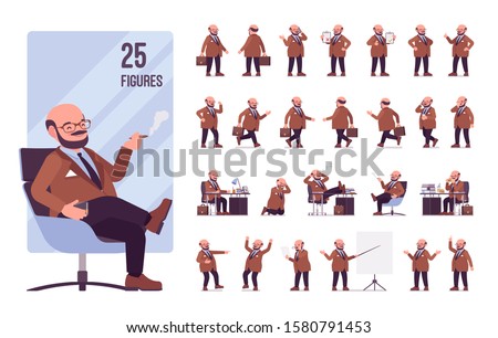 Chubby heavy man with a belly character set. Overweight and fat body shape, middle aged bold guy. Big men fashion, plus size formal wear. Full length, different views, gestures, emotions and poses 商業照片 © 