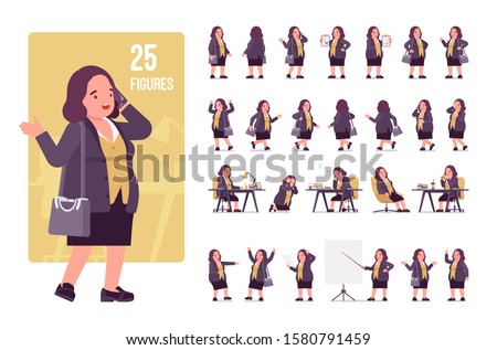 Chubby woman character set. Middle aged lady, kind civil service worker in curvy, voluptuous body type, big women fashion, plus size formal wear. Full length, different view, gestures, emotions, poses