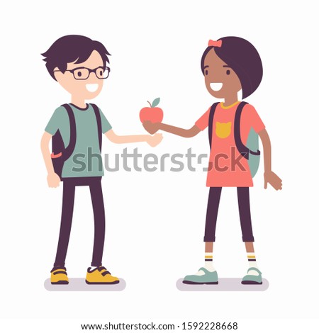 Girl sharing apple with boy friend. Child giving red fruit of knowledge, wisdom, mutual trust, kindness and support between teens, gesture providing love, care. Vector flat style cartoon illustration