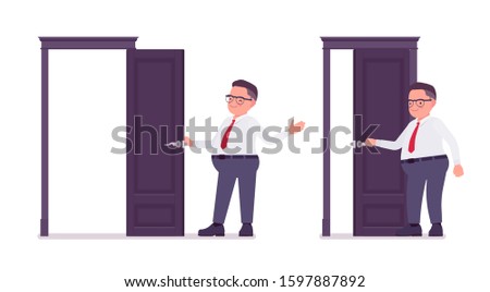 Fat male clerk opening and closing a door. Heavy middle aged business guy, office manager, civil service worker, typical employee in a plus size formal wear. Vector flat style cartoon illustration