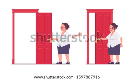 Fat female clerk opening and closing a door. Heavy middle aged business lady, office manager, civil service worker, typical employee in a plus size formal wear. Vector flat style cartoon illustration