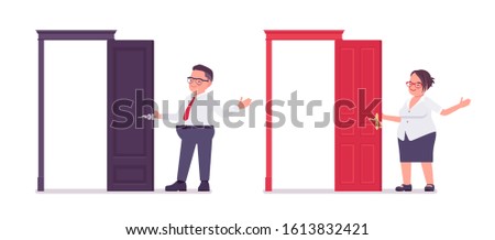 Fat male, female clerk standing at open door. Heavy middle aged business people, office manager, civil service worker, typical employee in plus size formal wear. Vector flat style cartoon illustration