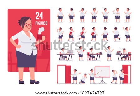 Fat female clerk, formal wear character set. Heavy middle age business woman, office manager, civil service worker, typical employee, plus size. Full length, different view, gestures, emotions, poses 商業照片 © 