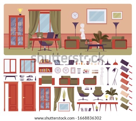 CEO office, Chief Executive Officer workplace area interior construction set, kit with furniture, constructor element to build own design. Cartoon flat style infographic illustration, color palette