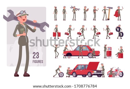 Mechanic girl in overalls character set. Female skilled worker, motor vehicle service technician wearing nice uniform, garage, auto workshop job. Full length, different view, gestures, emotions, poses