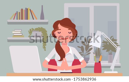 Office worker meditating to concentrate, yogi woman practicing yoga at workplace, doing Namaste hand gesture, Mudra pose, relaxation before, after hard work day. Vector flat style cartoon illustration