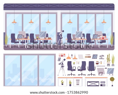 Traditional office workplace environment interior construction set, kit with modern furniture and equipment, constructor element to build your own design. Cartoon flat style infographic illustration