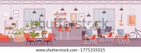 Office room, contemporary shared workspace, co-working space successful organization interior for employees and managers with furniture, environment design. Vector flat style cartoon illustration