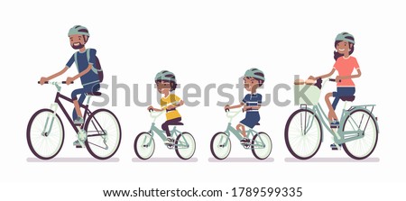 Happy black family enjoying bike ride. Father, mother, son and daughter together in sport activity riding bicycles. Positive friendly outdoor recreation or fun. Vector flat style cartoon illustration