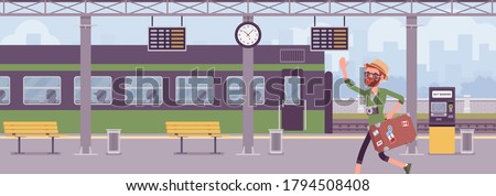 Man missing train, hurrying at trainstation. Male tourist, unfortunate passenger running in railway platform to catch leaving wagon, late for departure, losing. Vector flat style cartoon illustration