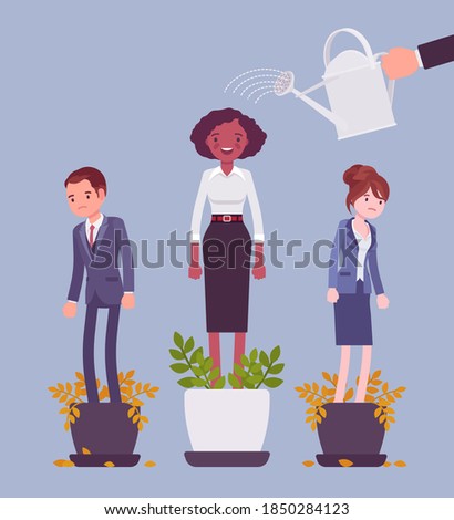 Growing female talent from favorite employee. Helping one person grow in plant pot watering to support, make strong, healthy, give professional growth, training. Vector flat style cartoon illustration