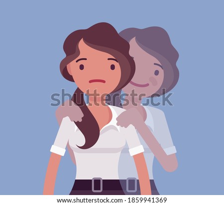 Self help woman, health and psychological problems solving. Young girl in bipolar or mental disorder, shifting herself to good mood, energy, happiness, activity. Vector flat style cartoon illustration