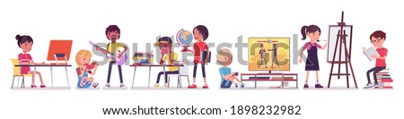 Ethnically diverse children playing, studying, resting indoor. Group of happy kids busy performing arts, music, enjoy interests, practice and learn new skills. Vector flat style cartoon illustration