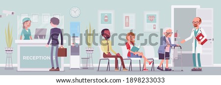 Hospital reception work in hall to help, assist patient. Clinic or doctor office, physician receives and treats people, health facility to provide healthcare. Vector flat style cartoon illustration