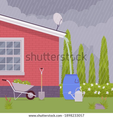 Rainwater rooftop harvesting system, collecting rain run-off in barrel. Runoff collection and storage of rainfall for reuse in household, garden in dry seasons. Vector flat style cartoon illustration