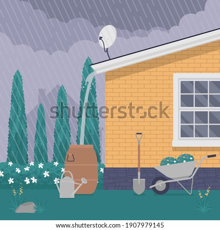 Rainwater rooftop harvesting system, collecting rain run-off in barrel. Runoff collection and storage of rainfall for reuse in household, garden in dry seasons. Vector creative stylized illustration